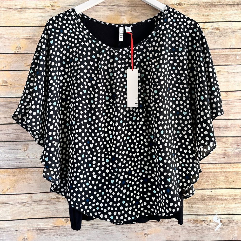 Elle Blouse Women’s Size XS Black White Dots Hearts Crepe Popover NWT